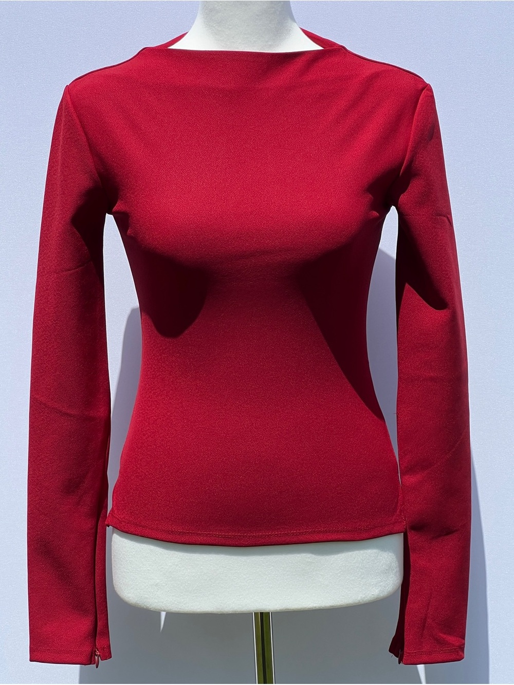 NWT Zara Boat Neck Slimming Long Sleeve Red Shirt w/ Wrist Zipper Size Small